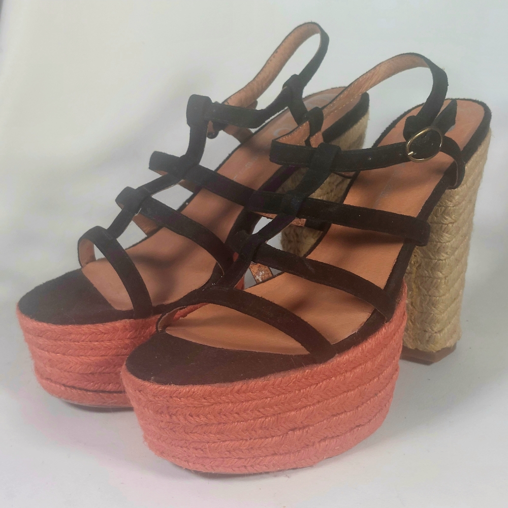Jeffrey Campbell Black Suede & Red Espadrille Heel Platform Sandals, W10, NIB